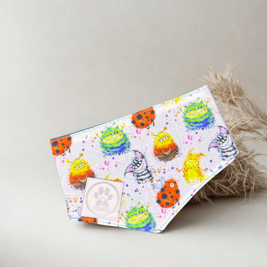 Bandana Chien Réversible – Monstres Rigolos & Doublure Colorée – Fait Main