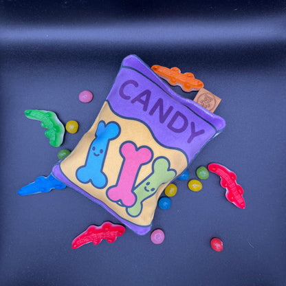 Jouet pour chien Carabidule en velours, sachet de bonbons gélifiés avec os colorés et pouet-pouet intégré